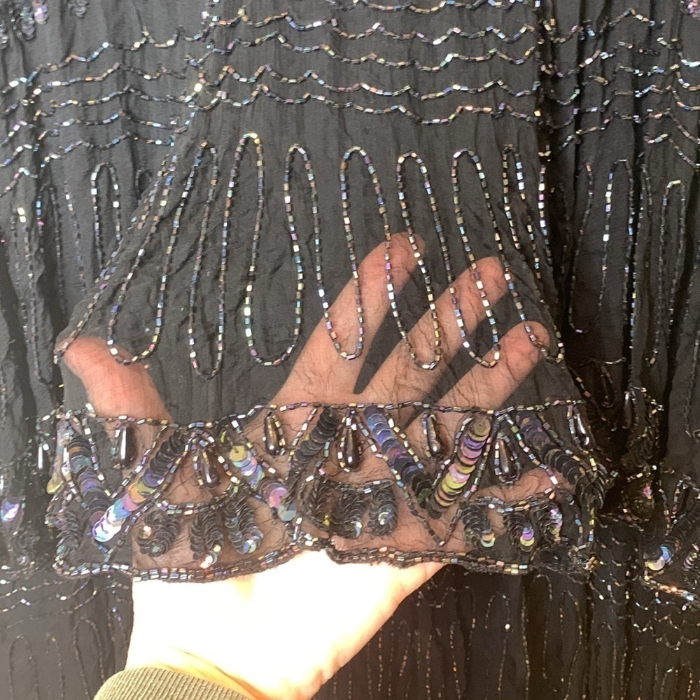 Vintage India Silk Black Beaded Sequin Cocktail Tiered Ruffle Art Deco Dress L - Picture 10 of 15